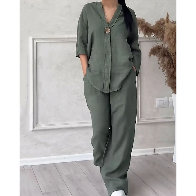 Women's Khaki Cotton And Linen Sleeveless Vest Trousers Two-piece Set