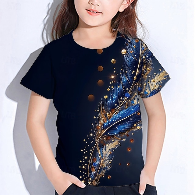  Voor meisjes 3D Grafisch Veren T-shirt Korte mouw Zomer Lente Modieus Basic Kinderen 4-12 jaar Strakke ronde hals Buiten Casual Dagelijks Normale pasvorm