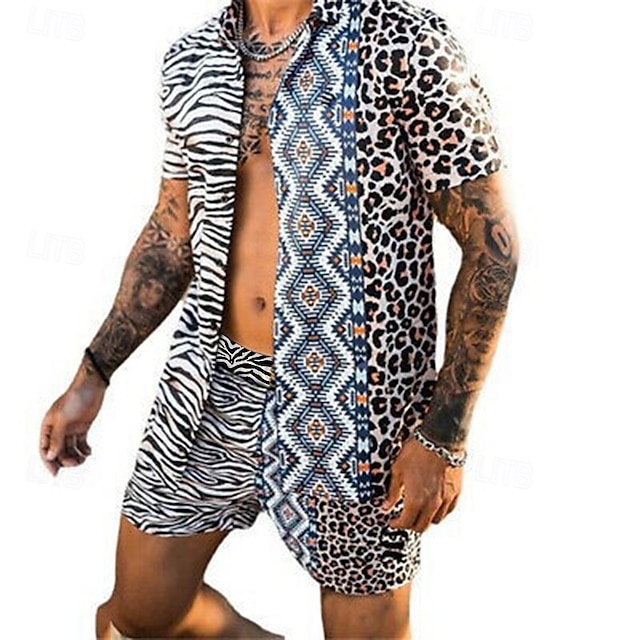  Men's Leopard Zebra 2pcs Shirts Sets Summer Hawaiian Shirt Short Sleeve Short Pants Turndown Fashion Hawaiian Casual Outdoor Vacation Beach 3D Print Button-Down Summer Spring Black Yellow Pink