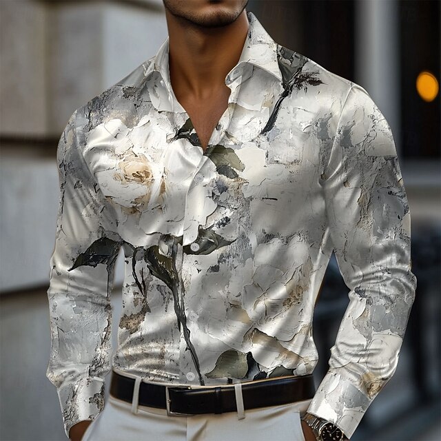 Men's Floral Print Flowers Satin Shirt Dress Shirt Button Up Shirt Long Sleeve Fashion Casual Vacation Evening Party Wedding Party Summer Spring Turndown Collared Shirts 3D Print Gray4