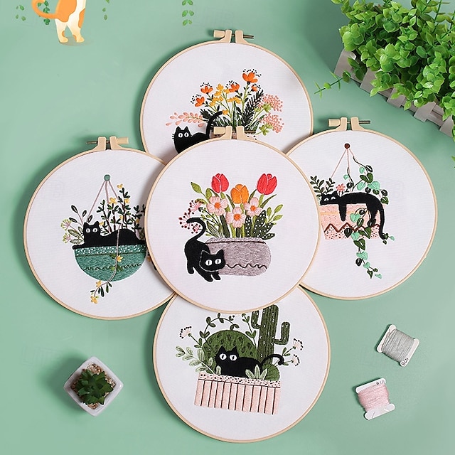  simpatico kit di ricamo a forma di gatto per principianti adulti, kit di punto croce timbrato per principianti include telai per ricamo a punto croce, aghi, fili e istruzioni