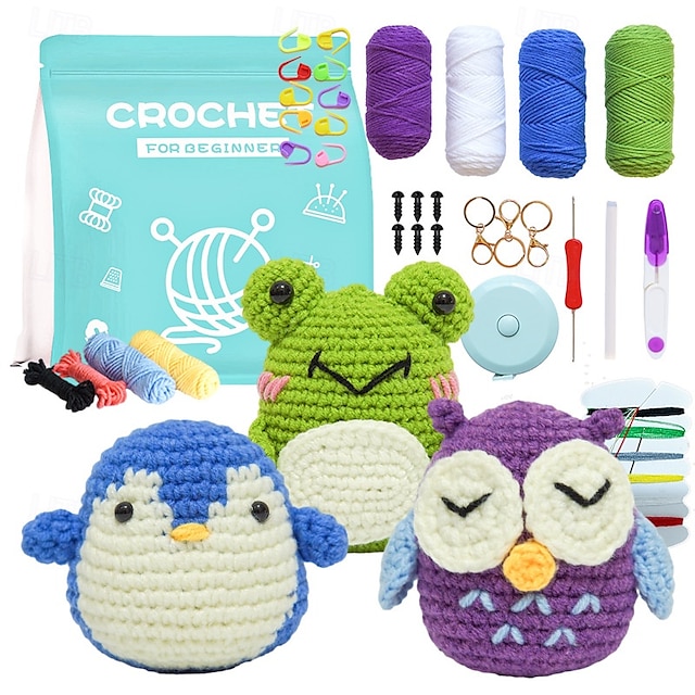  kit uncinetto natalizio per principianti 3 modelli animali-gufo pinguino rana kit per lavoro a maglia per bambini adulti con tutorial video passo dopo passo e filati uncinetti accessori