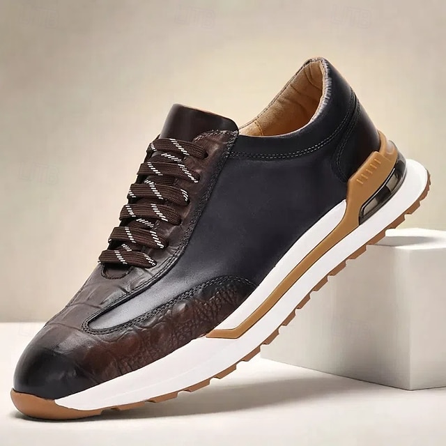  miesten ensiluokkaiset lehmännahkaiset lenkkarit - krokotiilikuvioiset nauhalliset vapaa-ajan kengät pehmustetulla pohjalla jokapäiväiseen käyttöön ja ulkoiluun