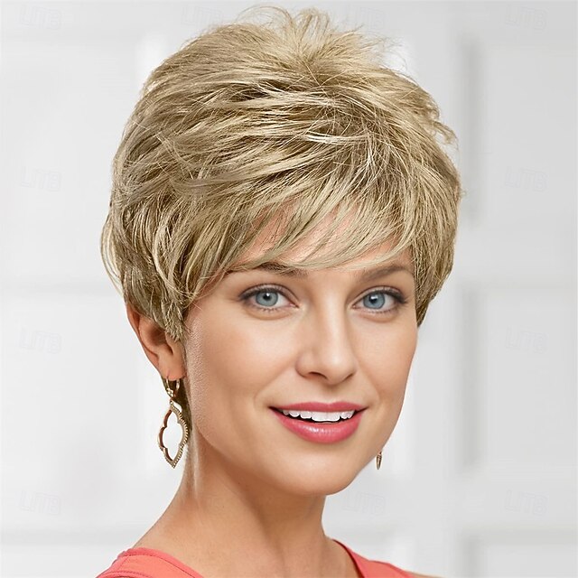 Short Pixie Wig with Richly Texturized Piecey Layers and Wispy Side-Swept Bangs / Multi-tonal Shades of Blonde and Brown4