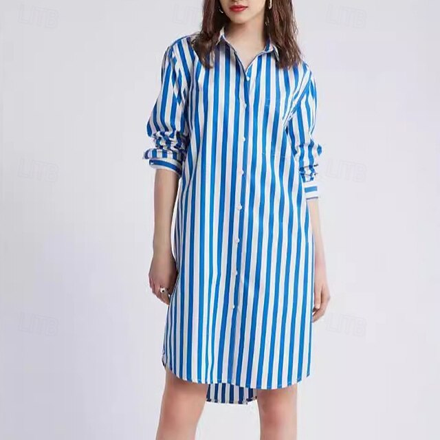  Pentru femei Rochie Mini Rochii Tip Cămașă Rochie casual Rochie de vară Stilat Casual Vacanță Zilnic Dată Fit regulat Dunga Manșon Lung Rever Albastru piscină Vară Primăvară