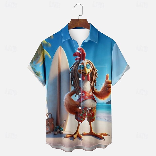 Men's Rooster Funny Summer Hawaiian Shirt Button Up Shirt Short Sleeve Hawaiian Resort Vacation Holiday Beach Wear Summer Spring Turndown 3D Print Collared Shirts Front One Pocket Blue4