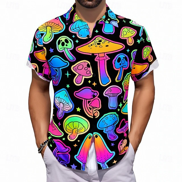 Men's Mushroom Shirt Button Up Shirt Short Sleeve Artistic Hippie Casual Summer Spring Turndown Button Up Pocket Purple4