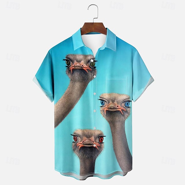 Men's Animal Funny Ostriches Shirt Button Up Shirt Short Sleeve Fashion Casual Vacation Beach Wear Summer Spring Turndown 3D Print Collared Shirts Front One Pocket Blue4