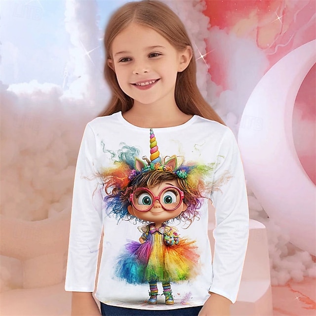  Flickor 3D Grafisk Tecknat T-shirt Långärmad Vår Höst Mode Grundläggande Barn 4-12 år Rund hals Utomhus Ledigt Dagligen Normal