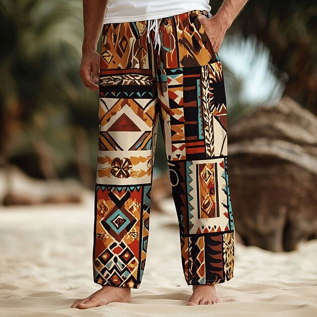 Men's Patchwork Trousers Casual Pants Drawstring Elastic Waist Hawaiian Ethnic Vintage Retro Outdoor Vacation Holiday Side Pockets Straight Leg Trousers Summer Spring Fall 3D Print Black4