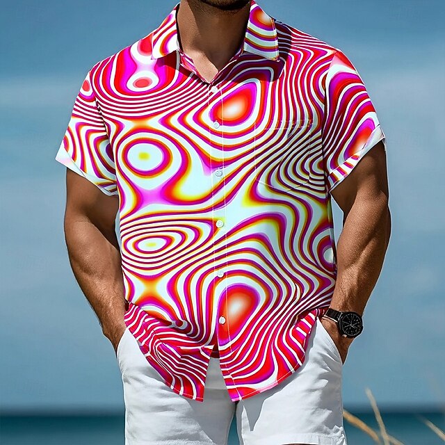 Men's Optical Illusion Geometic Shirt Button Up Shirt Short Sleeve Fashion Casual Vacation Holiday Beach Wear Summer Fall Turndown 3D Print Collared Shirts Front One Pocket Rose Red4