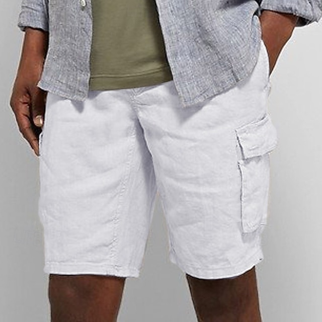  Per uomo Pantaloncini Pantaloncini di lino Pantaloncini estivi A cordoncino Vita elastica Multi tasca Liscio Comfort Traspirante Breve Informale Per eventi Per uscire Di tendenza Streetwear Nero