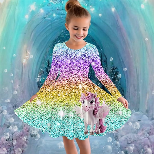  Flickor 3D Grafisk Enhörnings Klänning Långärmad Sommar Vår Semester Dagligen Helgdag Prinsessa Skön Ljuv Barn 4-12 år Vardagsklänning A linjeklänning Knälång Normal
