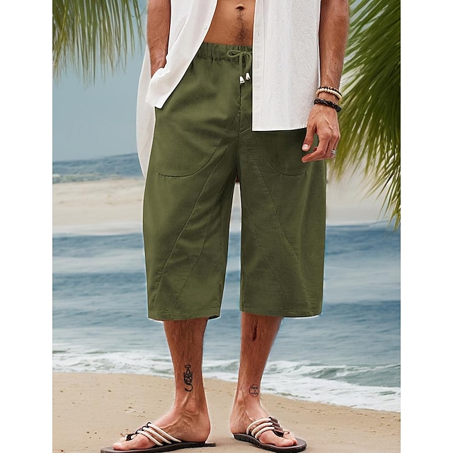  Homens Calção Shorts de linho Shorts de verão Shorts de praia Calças Capri Bolsos Com Cordão Cintura elástica Tecido Conforto Respirável Comprimento da panturrilha Ao ar livre Diário Praia Havaiana