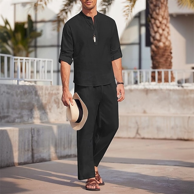  Men's 2 Piece Shirt Set Summer Set Matching Sets Casual Shirt Plain Vacation Daily Black Gray Light Blue Long Sleeve Collar Summer Clothing Apparel