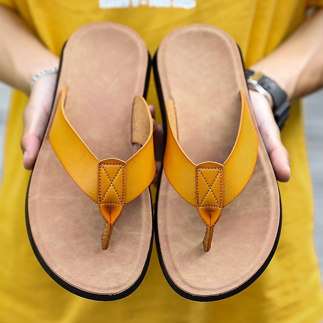  brune flip flops i imitert skinn for menn - uformelle sommersandaler med åpen tå og komfortabel såle for strand- og hverdagsbruk