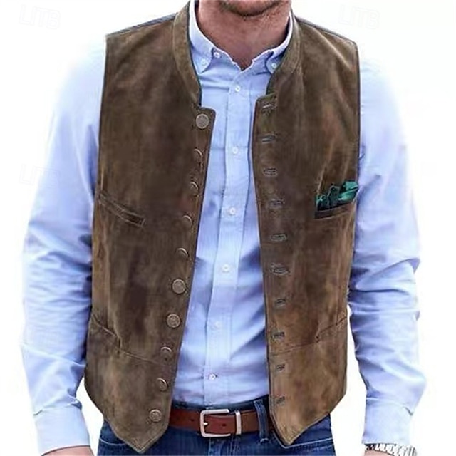 Men's Vest Gilet Suede Vest Vacation Daily Date Fashion Casual Spring &  Fall Buttons Pocket Polyester Comfortable Plain Single Breasted One-button Stand Collar Regular Fit Black Red Blue Army Green