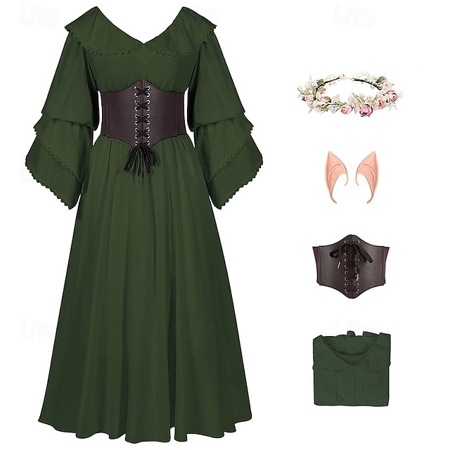  Rétro Vintage Médiéval Renaissance Robe Corset Tenues Ren Faire Viking Elfe Femmes Costume de Carnaval Celtique Fantaisie Halloween Carnaval Performance Soirée LARP Adulte Robe Corset Boucles