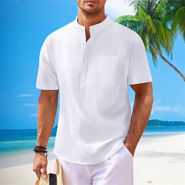  Men's Shirt Linen Shirt Summer Shirt Beach Shirt Solid Color Vacation Daily Black White Navy Blue Khaki Short Sleeve Fold-over Collar Spring & Summer Clothing Apparel