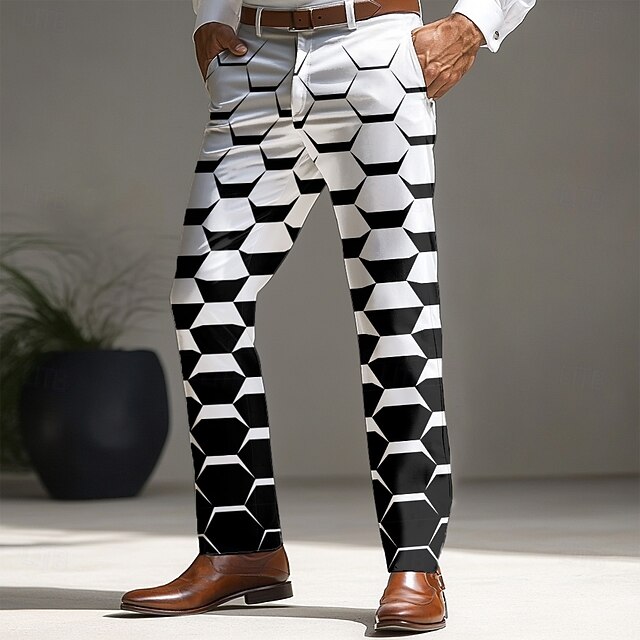 Men's Plaid Mixed Color Geometric Pattern Dress Pants Trousers Mid Waist Casual Vintage Retro Outdoor Vacation Streetwear with Pockets Slim Fit Flat-Front Summer Spring Fall 3D Print White4
