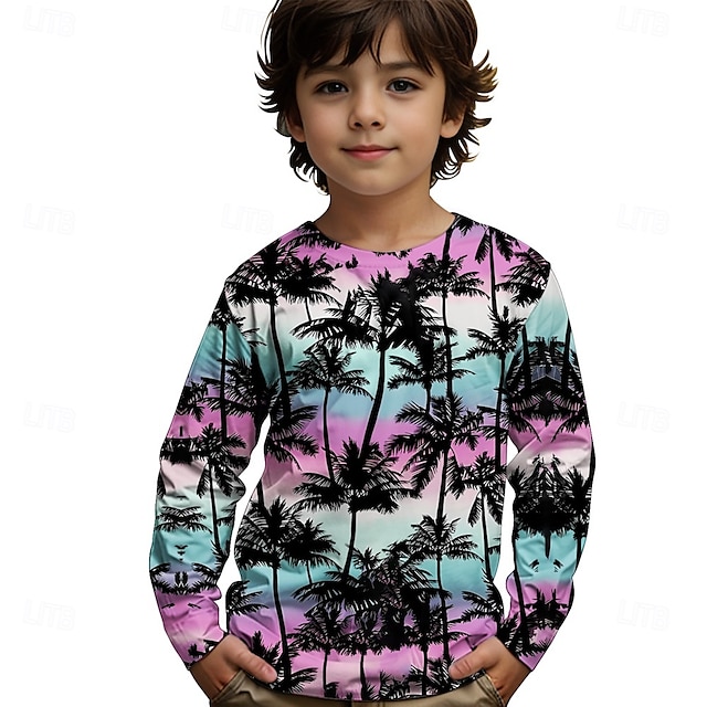  Pojkar 3D Grafisk Kokosnötsträd T-shirt Långärmad Vår Höst Mode Grundläggande Barn 4-12 år Rund hals Utomhus Ledigt Dagligen Normal