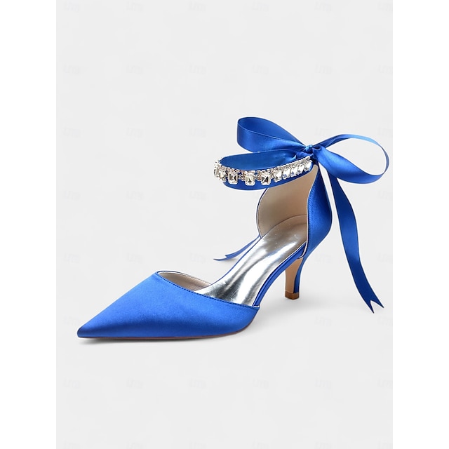  blå satin klackar med spetsiga kattungar med strass ankelrem och fluga - eleganta bröllops- eller kvällsskor