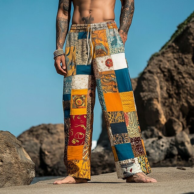 Men's Color Block Patchwork Trousers Casual Pants Drawstring Elastic Waist Hawaiian Ethnic Casual Outdoor Vacation Holiday Side Pockets Straight Leg Trousers Summer Spring Fall 3D Print Yellow4