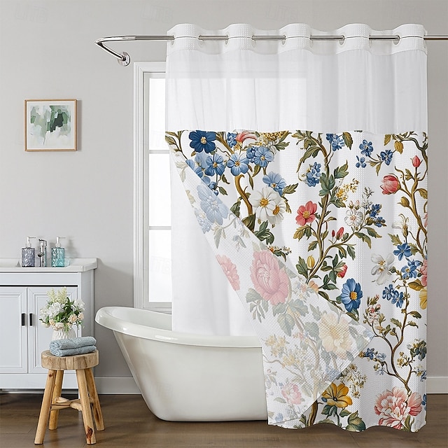 Bloem Wafel-Weef Textuur Douchegordijn Set met Insteek Voering Transparante Raam Waterafstotend Polyester Mix Stof,Oogjes Bovenkant,120GSM Hotel Kwaliteit Spa Stijl Badkamer Scheiding Geen Haakjes