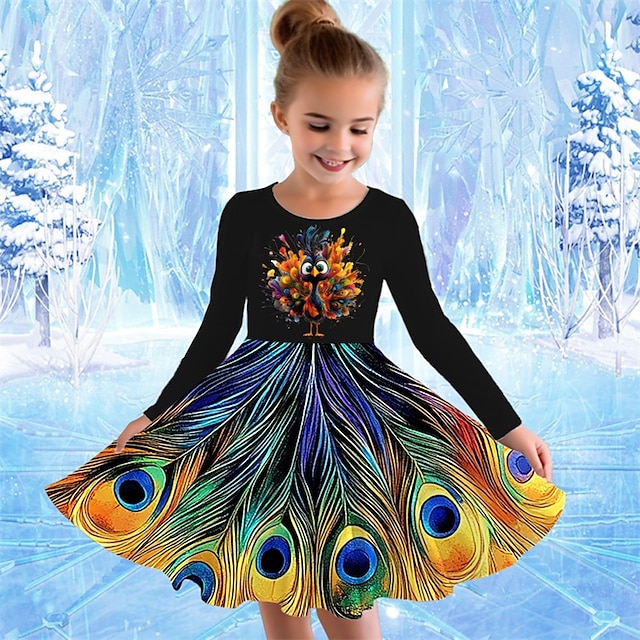  Girls' 3D Graphic Animal Peacock Dress Long Sleeve Summer Spring Vacation Daily Holiday Princess Beautiful Sweet Kids 4-12 Years Casual Dress A Line Dress Knee-length Regular Fit