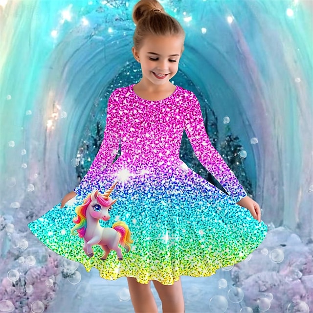  Flickor 3D Grafisk Enhörnings Klänning Långärmad Sommar Vår Semester Dagligen Helgdag Prinsessa Skön Ljuv Barn 4-12 år Vardagsklänning A linjeklänning Knälång Normal