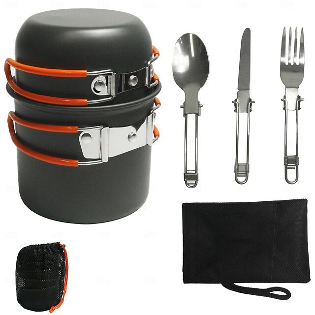  conjunto de utensílios de cozinha para acampamento, conjunto de mini panelas de acampamento antiaderente e leve com placas de chaleira de aço inoxidável, colher para mochila, caminhadas, cozinha ao ar