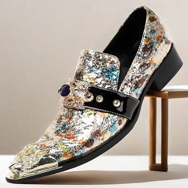  pánské vícebarevné kožené slip-on společenské boty s ozdobnou kovovou špičkou a šperkovým akcentem - prvotřídní formální mokasíny z hovězí kůže na večírky a svatby