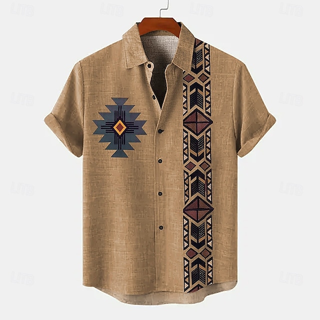  Men's Shirt Linen Shirt Retro Shirts Vintage Shirt Ethnic Shirt Ethnic Vacation Daily Green khaki Beige Short Sleeve Turndown Summer Spring Clothing Apparel