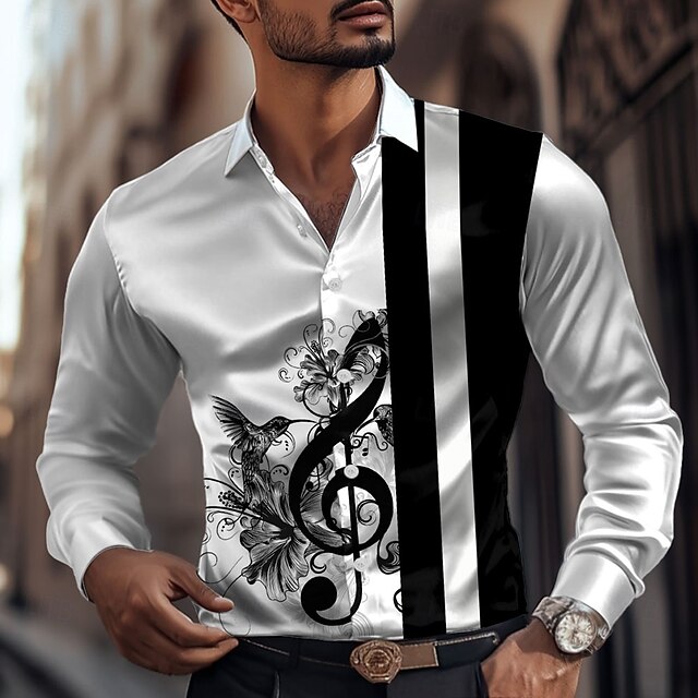 Men's Striped Musical Notes Satin Shirt Dress Shirt Button Up Shirt Long Sleeve Fashion Casual Vacation Daily Evening Party Summer Spring Fall Turndown Collared Shirts 3D Print White4