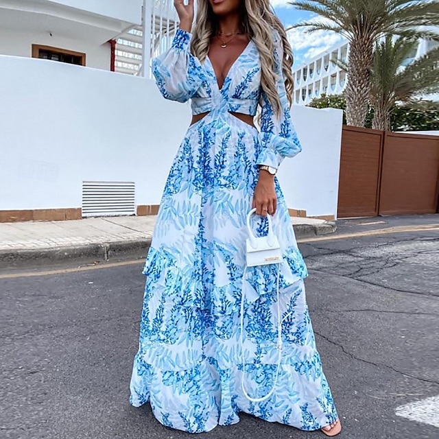 Damen kleid lang Casual kleid A Linie Kleid Sommerkleid Boho-Kleid Elegant Stilvoll Urlaub Täglich Verabredung Regular Fit Blumen Langarm V Ausschnitt Gelb Blau Purpur Grün Sommer Frühling