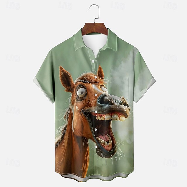 Men's Animal Donkey Funny Shirt Button Up Shirt Short Sleeve Vintage Retro Summer Spring Turndown 3D Print Collared Shirts Front One Pocket Green4