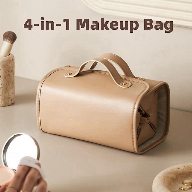  Leather Waterproof Cosmetic Bag, 4-in-1 Travel Toiletry Organizer, Large-Capacity Makeup Bag with Dry and Wet Separation for Stylish Storage