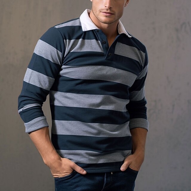 Men's Striped Rugby Polo Long Sleeve Polo Shirts Collared Shirts Sportswear Casual School Outdoor Athleisure 3D Print Spring Fall Winter Gray4