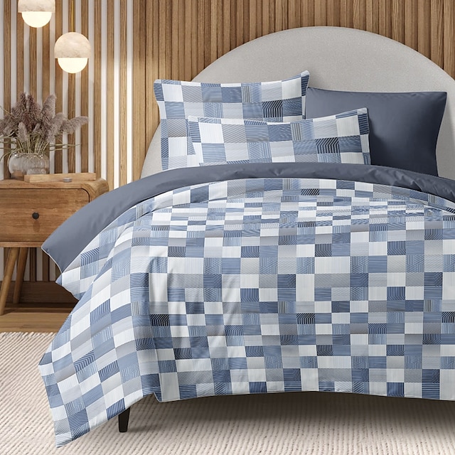  Funda nórdica 100 % algodón con empalmes de cuadrícula geométrica azul: confeccionada con algodón de primera calidad, presenta elegantes patrones de cuadrícula para una apariencia moderna. Transpirable, suave y duradera.