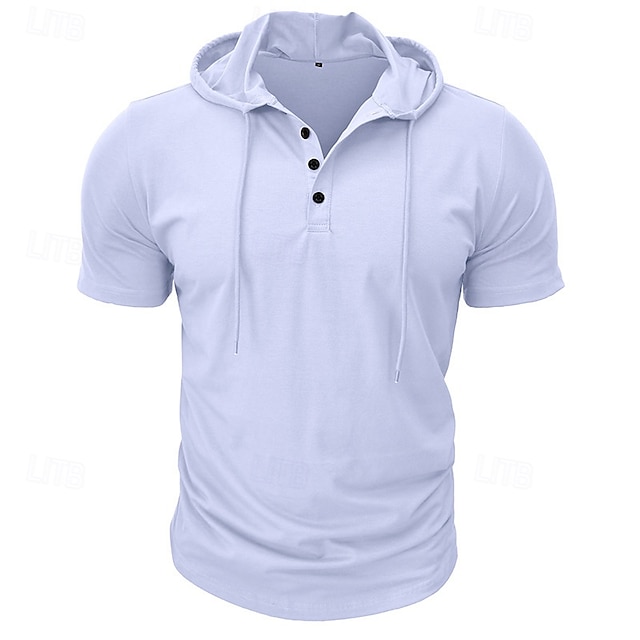  Homens Camiseta Manga Curta Com Capuz Primavera Verão Esportes Moda Diário Botões Com Cordão Ao ar livre Dia a Dia Casual Preto Branco Verde Top Tee para Homens