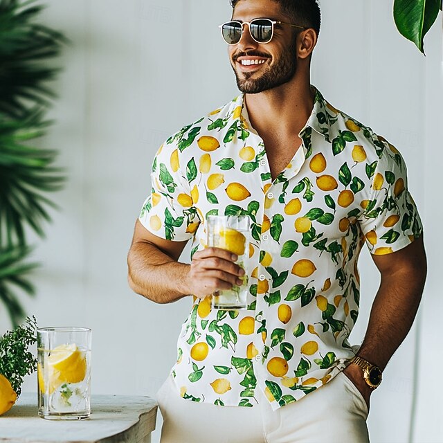 Men's Fruit Lemon Summer Hawaiian Shirt Button Up Shirt Aloha Shirt Short Sleeve Hawaiian Resort Vacation Holiday Beach Wear Summer Spring Turndown 3D Print Collared Shirts White4