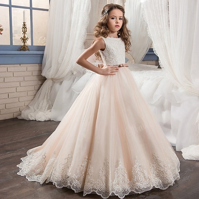  Šaty pro květinovou družičku děti Dívčí Princeznovské šaty Výkon Svatební Párty Elegantní Krásná Krajka Síťka Pevná barva Bez rukávů Tričkový Světle žlutá Bledě růžová 4 roky +
