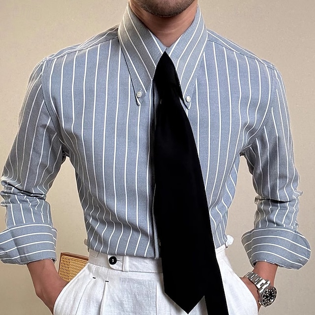  Herren Hemd Hemd mit Spearpoint-Kragen Kleidhemd Knopfhemd Gestreift Hochzeit Party Weiß Blau Grün Langarm Revers Frühling & Herbst Bekleidung Knöpfe