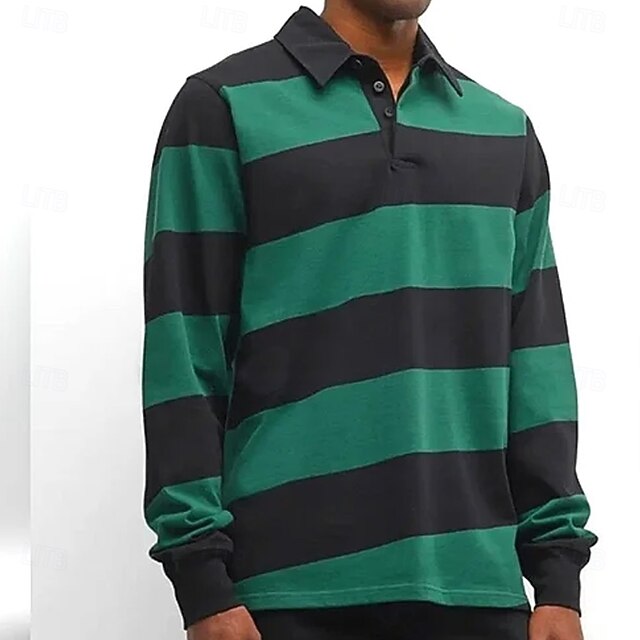 Men's Stripes Rugby Polo Long Sleeve Polo Shirts Collared Shirts Casual Outdoor Athleisure 3D Print Spring Fall Winter Black / Green3