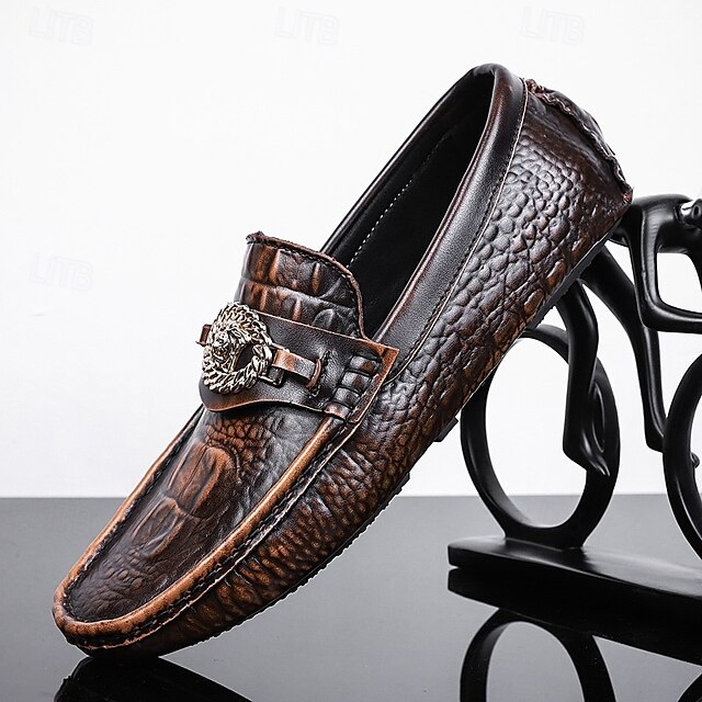  pánské mokasíny z umělé kůže s krokodýlím vzorem – luxusní slip-on společenské boty s kovovým dekorem lva pro formální i neformální příležitosti