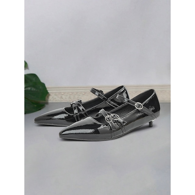  Zapatos de tacón de aguja con punta puntiaguda y hebilla de doble tira para mujer en charol negro: zapatos elegantes para la oficina y eventos formales