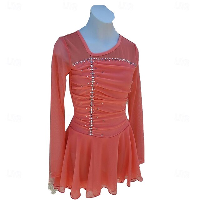 Figure Skating Dress Women's Girls' Ice Skating Dress Orange Patchwork Open Back Mesh Spandex Stretchy Training Practice Professional Skating Wear Crystal / Rhinestone Long Sleeve Figure Skating4