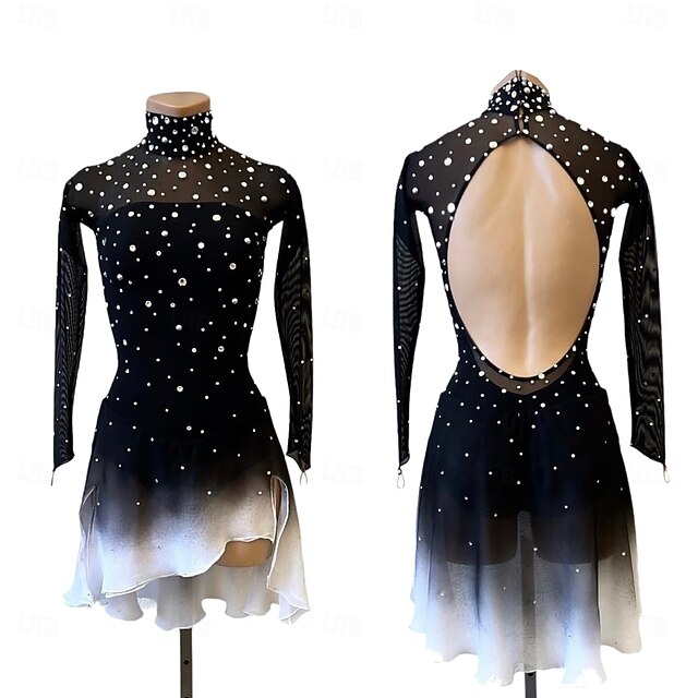 Figure Skating Dress Women's Girls' Ice Skating Dress Black Thumbhole Halo Dyeing High Elasticity Professional Competition Skating Wear Thermal Warm Crystal / Rhinestone Long Sleeve Ice Skating4