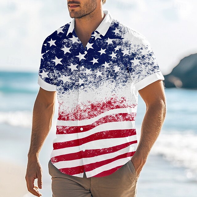 Men's American US Flag Shirt Button Up Shirt Short Sleeve Fashion Casual Vacation Holiday Beach Wear Summer Spring Turndown Collared Shirts White4