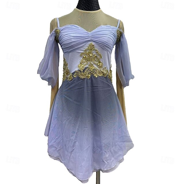Figure Skating Dress Women's Girls' Ice Skating Dress Light Purple Patchwork Thumbhole Mesh Spandex Stretchy Training Practice Professional Skating Wear Crystal / Rhinestone Long Sleeve Figure Skating4